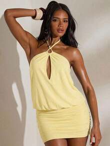 Vestido mini de mujer con estampado de malla de punto y cuello halter, primavera/verano - Amarillo claro - Ver 3