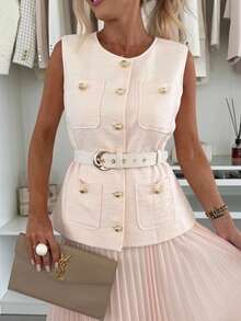 Elegant Two-Piece Set Sleeveless Pleated Tulle European Fashion Spring Summer - 玫紅色 - 查看 9