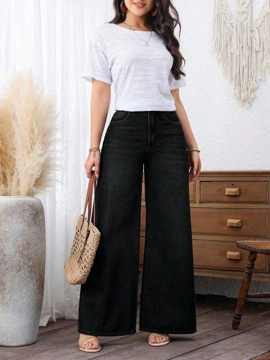 Jeans de uso diario simples de unicolor para mujer - Negro - Ver 1