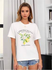 SweatyRocks - playera casual de manga corta para mujer con estampado de letras y frutas - Albaricoque - Ver 5