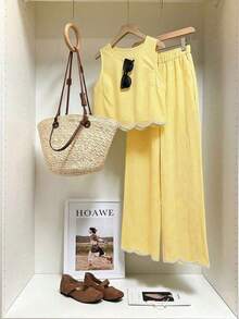 Frenchy Conjunto de 2 piezas de top de tirantes con cuello redondo y estampado de cuadros y pantalones con cintura elástica para mujer - Amarillo - Ver 1