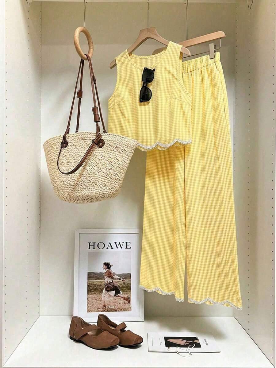 Frenchy Conjunto de 2 piezas de top de tirantes con cuello redondo y estampado de cuadros y pantalones con cintura elástica para mujer - Amarillo - Ver 1
