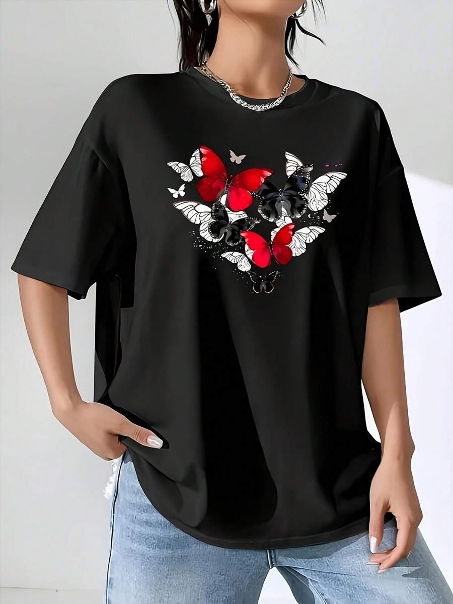 Camiseta manga corta cuello redondo 100% algodón, estampado trendy, tejido ligero y ventilado, estilo moda casual, apta para vida diaria, salidas informales y citas en primavera, verano y otoño - Negro - Ver 1