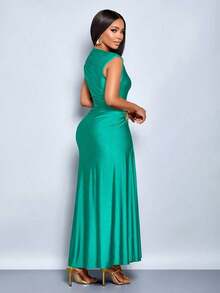Vestido elegante de mujer con decoración de metal de unicolor, ajuste delgado, adecuado para el uso diario, compras, fiestas y reuniones - verde menta - Ver 2