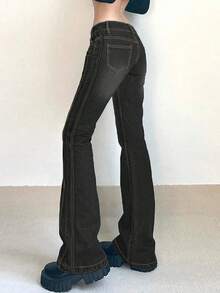 Jeans acampanados con bolsillos para mujer, estilo casual de otoño y primavera - Gris Oscuro - Ver 5