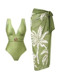 Swim Oasis Set de 2 piezas que incluye 1 traje de baño entero de un solo color y 1 falda larga de malla para playa, verano y vacaciones - Verde 2 - Ver 1
