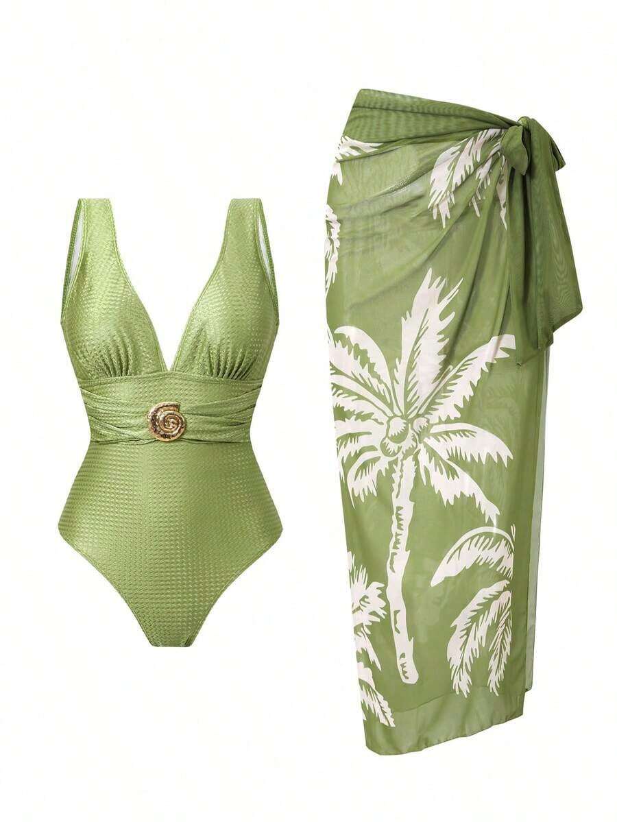 Swim Oasis Set de 2 piezas que incluye 1 traje de baño entero de un solo color y 1 falda larga de malla para playa, verano y vacaciones - Verde 2 - Ver 1