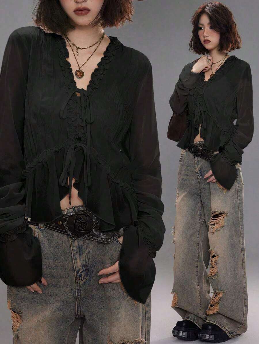 Blusas con textura y volantes plisados para salidas nocturnas, conciertos y uso casual en primavera/verano para mujeres - Negro - Ver 1