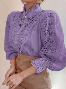 Blusa de primavera con cuello Mao de encaje floral y abotonadura hueca para mujer - Morado - Ver 2