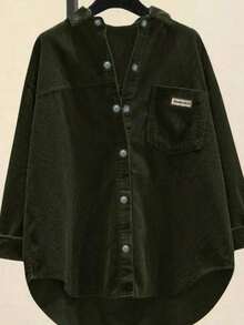 Camisa de manga larga casual de mujer de pana con bordado de letras, primavera - Verde militar - Ver 3