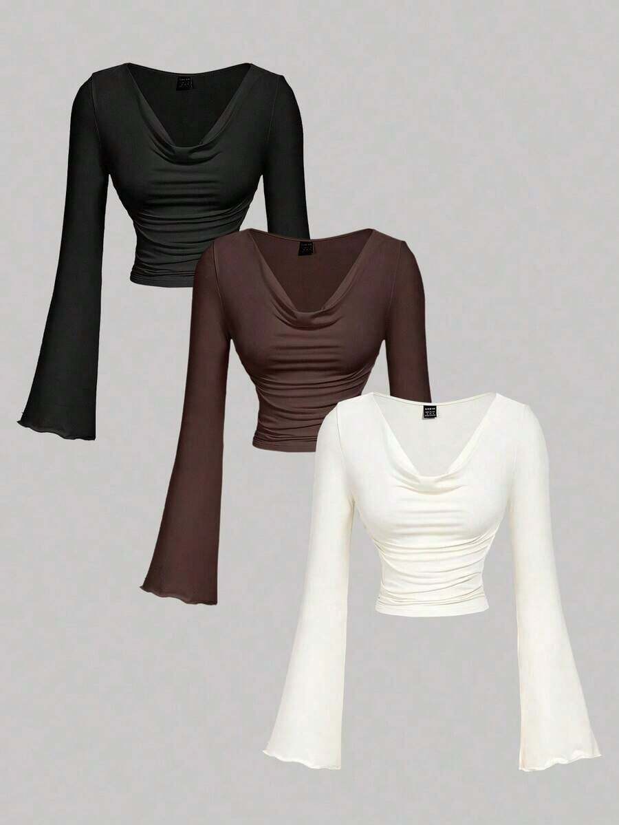 Conjunto de camiseta de manga larga ajustada con cuello de volantes, mangas acampanadas y plisadas en 3 colores - Multicolor - Ver 1