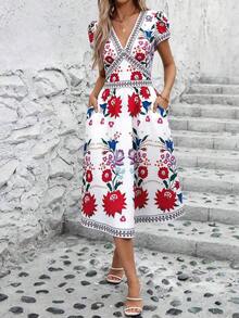 Clasi Vestido de mujer elegante de verano con cuello en V, estampado de flores colocado, bolsillos dobles en la cintura, silueta evasé, adecuado para diversas ocasiones: playa, viajes, uso diario, casa, etc. - Rojo y blanco - Ver 3