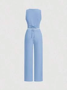 Juego De Dos Piezas Para Mujer Con Chaleco Y Pantalones De Color Sólido - Azul - Ver 2
