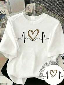 Women's Casual Short-Sleeve T-Shirt With A White Leopard Heart Graphic Print, Regular Fit, Polyester, Round Neck, For A Cute Y2K Look. - 白色的 - 查看 1