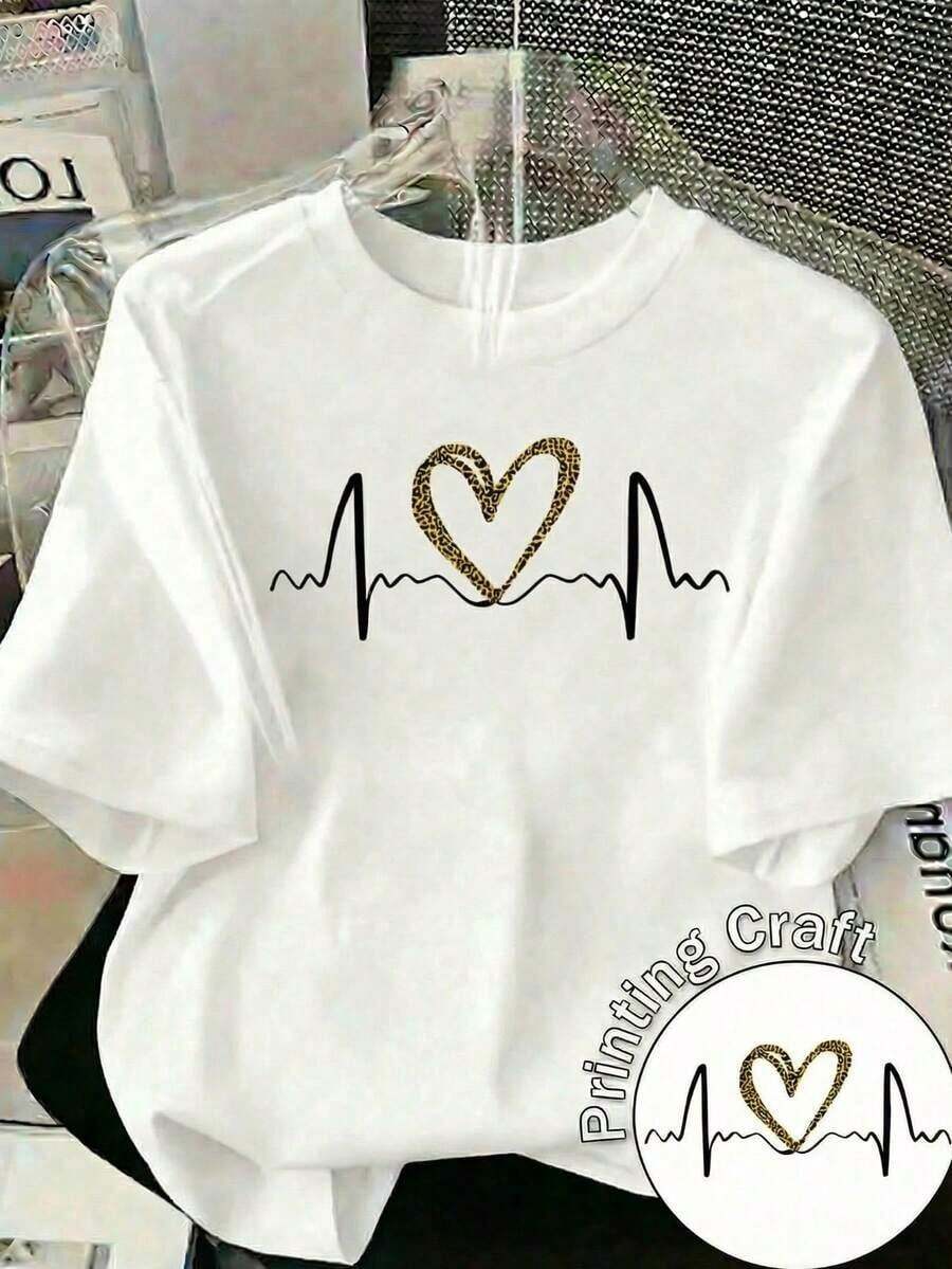 Women's Casual Short-Sleeve T-Shirt With A White Leopard Heart Graphic Print, Regular Fit, Polyester, Round Neck, For A Cute Y2K Look. - 白色的 - 查看 1