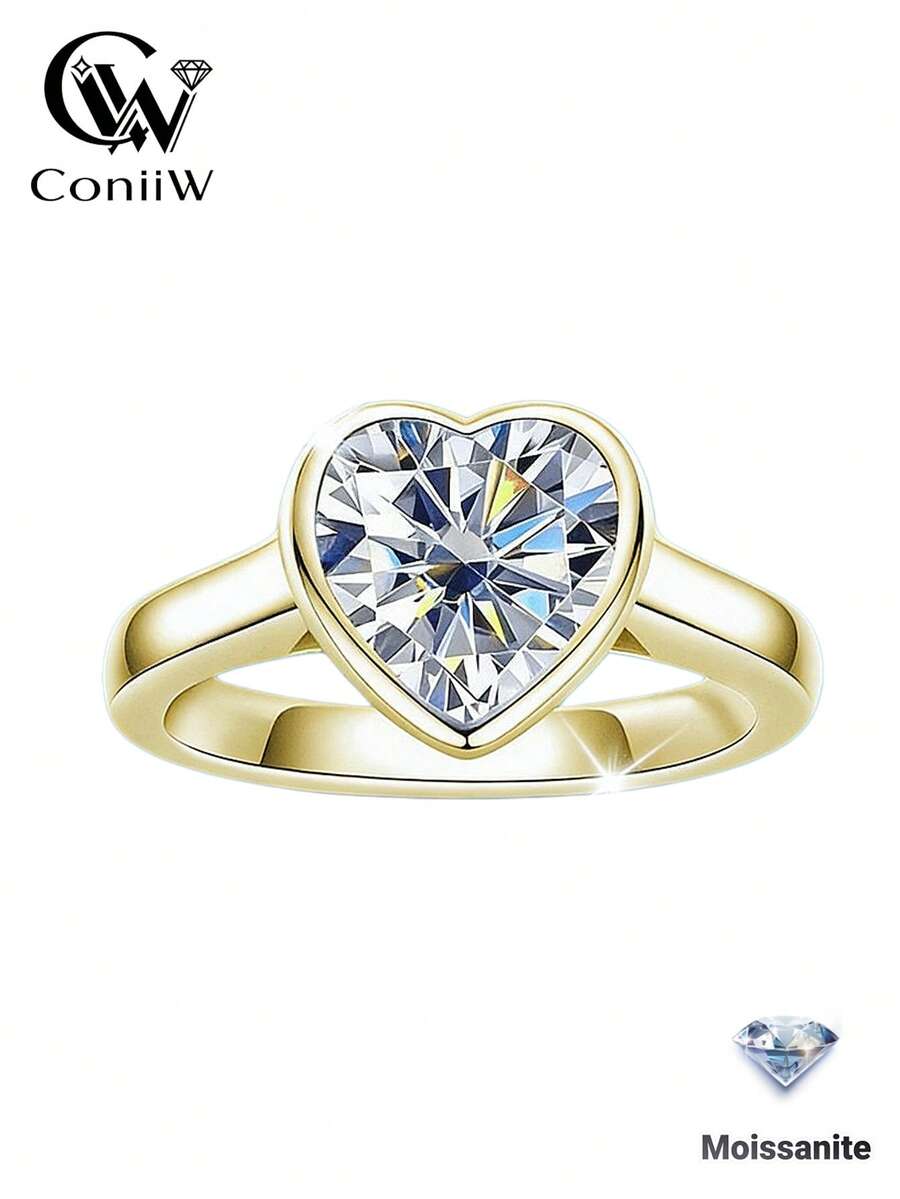 ConiiW 2 Carat 925 Sterling Silver Heart-Shaped Moissanite Ring, Romantic Classic Cute Versatile Fashion, High-Quality Unisex Jewelry, Suitable For Daily Wear, Parties, Weddings, Dates, Christmas, Valentine's Day, Mother's Day, Father's Day, And Other Occasions As Gifts, Also Suitable For Adult Ceremonies, Graduation Balls, Etc. - Gold - View 1