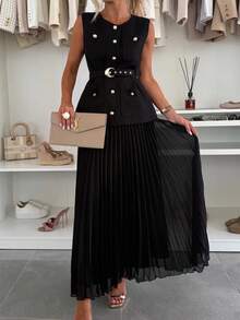 Conjunto Dos Piezas Elegante Sin Mangas  Tul Plisado Moda Europea Primavera Verano - Negro - Ver 2