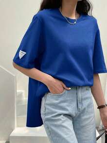 -Less Camiseta de manga corta holgada con parche de letras y bajo con abertura, camiseta de verano oversize, ropa casual de negocios para mujer - Azul - Ver 6