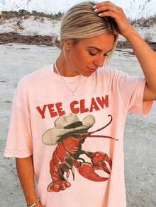 Camiseta de Vaquero con Langosta, Camiseta Divertida con Garra de Langosta, Camiseta de Playa Estilo Western, Camiseta de Verano para Mujer con Estampado de Chica Tomate, Camiseta Casual de Manga Corta de Talla Grande para Mujer, Camiseta Holgada con Estampados de Moda para Todas las Temporadas, Camiseta para Amigas y Familiares en Fiestas, Vacaciones, Acción de Gracias, Halloween, Día de San Valentín, Uso Diario, Unisex - Rosa - Ver 12