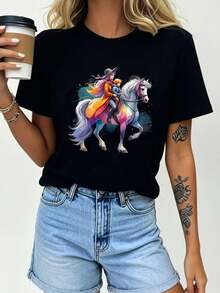 1 pieza clásica y versátil, camiseta de manga corta de algodón puro con dise?o de caballo pintado en color para mujeres, estilo moderno - Negro - Ver 1