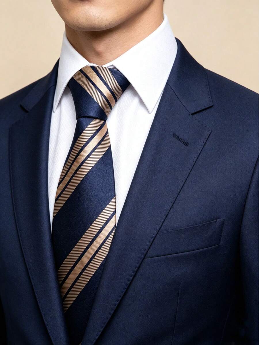 1條海軍藍&紅色斜條紋男士商務正式高級時尚領帶,適用於婚禮、派對、商務職場 - 彩色 - 查看 1
