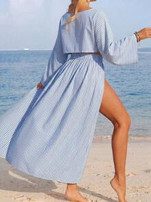 Swim Vcay Conjunto de dos piezas de cubrecuerpo casual de manga larga y abertura para la playa para mujer, color blanco - Azul - Ver 2