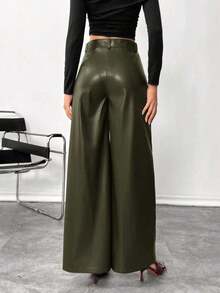 Pantalones de piel lisos con botón delantero, pantalones casuales minimalistas para mujer, para uso diario, prendas inferiores para mujer - Verde militar - Ver 2