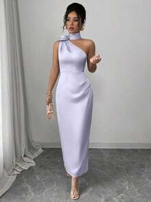 Elegante y sexy vestido ajustado tipo ajustado con hombros oblicuos de satén francés, cuello con flor 3D, cintura con fruncido y volante - Morado - Ver 6