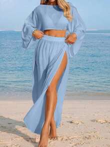 Nevyona Conjunto de dos piezas de cubrecuerpo casual de manga larga y abertura para mujer, color blanco - Celeste - Ver 4
