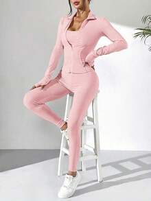 Conjunto deportivo de 3 piezas para mujer: Cárdigan de punto con cremallera + Camiseta + Pantalones en color negro - Rosa vieja - Ver 3