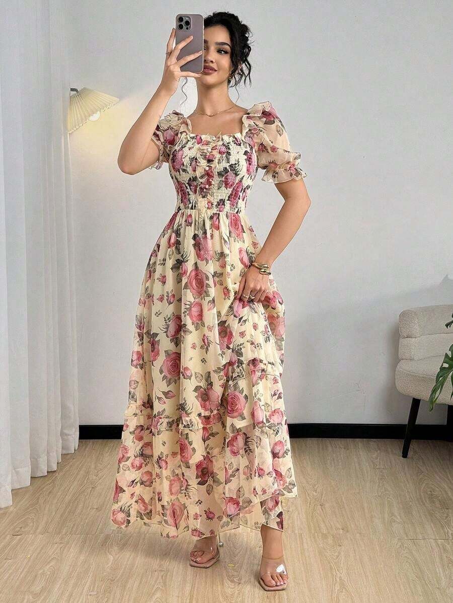 Vestido de mujer de manga corta con cuello cuadrado francés, estampado digital y transparente - Multicolor 2 - Ver 1