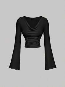 MOD Conjunto de camiseta de manga larga ajustada con cuello de volantes, mangas acampanadas y plisadas en 3 colores - Burdeos 2 - Ver 7
