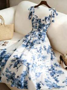 Vestido elegante con estampado floral y hombros con lazo para vacaciones - Multicolor - Ver 9