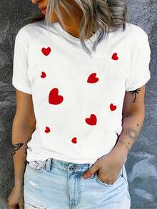 Playera de Mujer Blanca con Estampado de Corazones Rojos Estilo Romántico Manga Corta Cuello Redondo Suave de Alta Calidad - Blanco - Ver 2