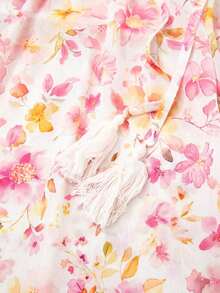 Acelitt Blusa de cuello en V con mangas de pétalo, cintura alta, estampado floral rosa y flecos, ideal para vacaciones y primavera - Rosa - Ver 6