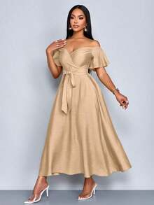 Vestido elegante de resort para mujer con escote y ajuste ceñido, apto para vacaciones, vida diaria y citas - Albaricoque - Ver 3