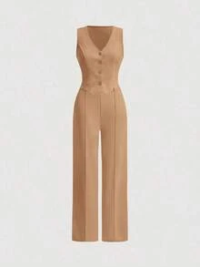 Juego De Dos Piezas Para Mujer Con Chaleco Y Pantalones De Color Sólido - Caqui - Ver 5