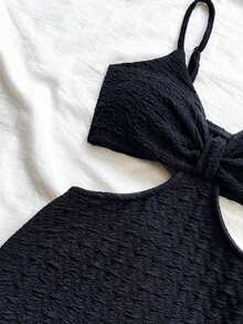 Camiseta de tirantes casual y sexy con recortes en la cintura, de tela con textura para vacaciones - Negro - Ver 6