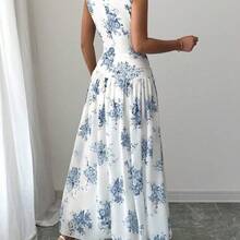Women's Elegant Floral Print Ruched Waist Sleeveless Casual Dress - Rosa Fucsia - Ver 3