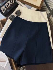 Shorts de mujer de cintura alta de color gris oscuro minimalista y de moda, con cierre de cremallera en la espalda, adecuados para el uso diario, citas y ocasiones románticas - Azul marino - Ver 3