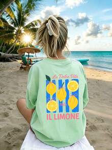 Camiseta de manga corta con cuello redondo y estampado divertido para niñas preadolescentes, top de verano - verde menta - Ver 2