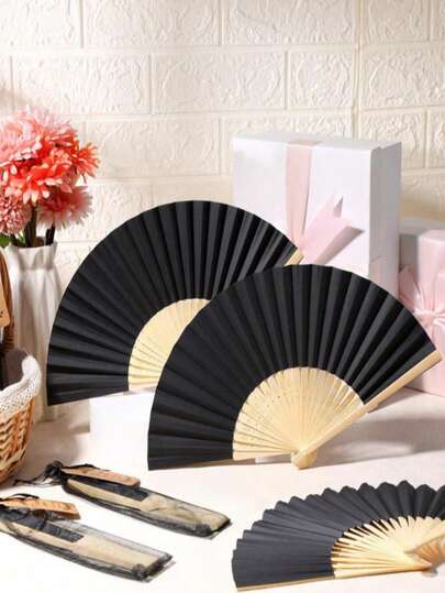 1pc/2pcs Black Folding Hand Fan, Classic Style Fabric Bamboo Ribs Handheld Chinese Fan, Suitable For Weddings, Parties, Performances, Dancing, Home Decor, Festivals, Gifts, Black Paper Fan With Organza Bag