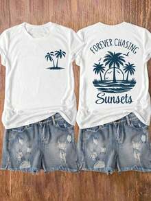 Women's Short-Sleeved T-Shirt With Round Neck And Graphic Print Of Palm Trees And Sunsets, Blue, Suitable For Casual Wear, Outdoor Activities, Vacations, All Seasons, Summer. - 白色 - 查看 5