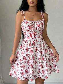 Vestido corto con tirantes finos, espalda anudada, estampado floral y pliegues para mujer - Multicolor 2 - Ver 7