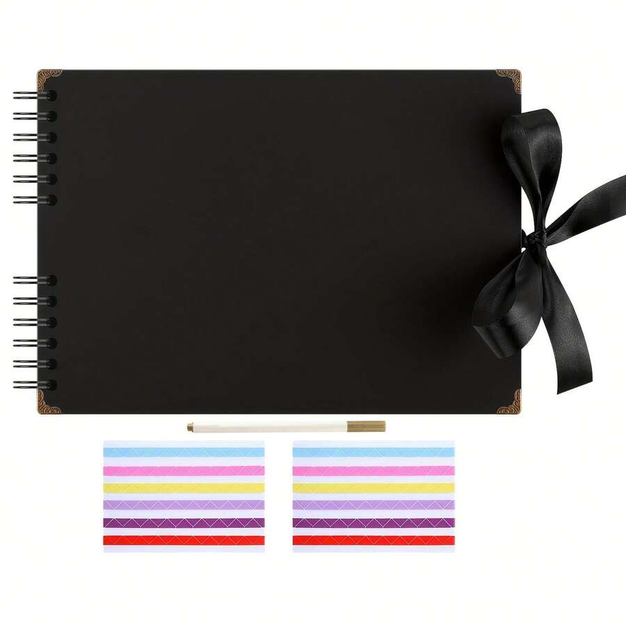 1pc Scrapbook Album With Pen & Corner Stickers, A4 Black Pages Memory Book, Photo Memory Album, Kraft Paper DIY Album, Suitable For Anniversary, Birthday, Gift - Single Pen Set - View 1