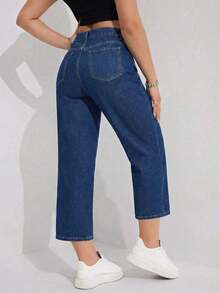 Jeans rectos de pierna ancha casual lavados para mujer - Azul lavado oscuro - Ver 2