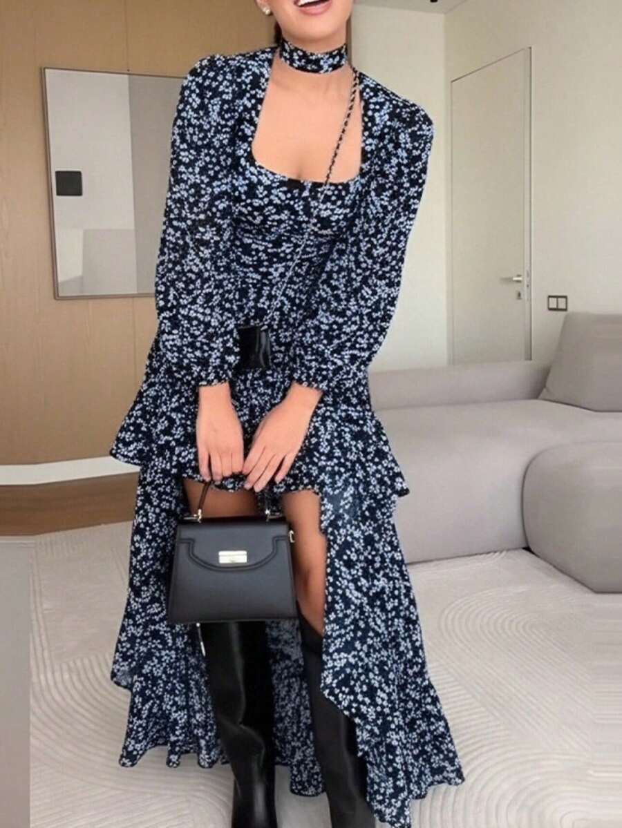 Vestido largo primavera 2026, holgado plisado con estampado, estilo casual elegante - Azul - Ver 1