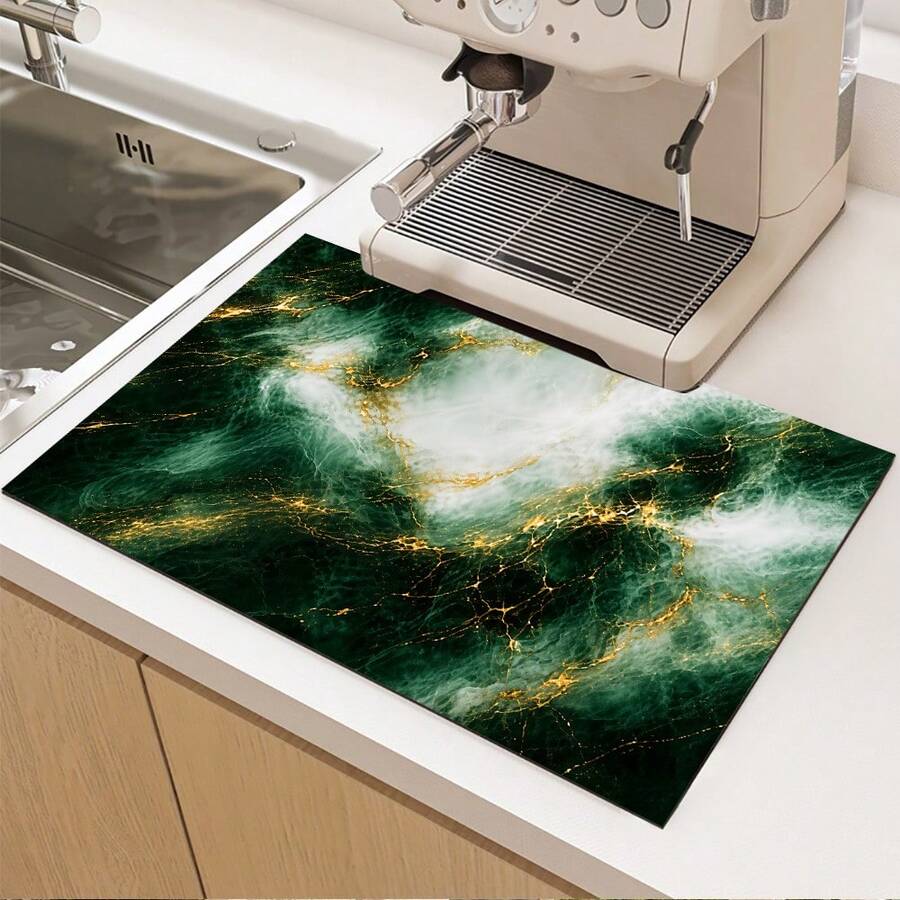 1pc Marble Print Pattern Drainage Mat/Absorbent Mat/Drying Mat For Coffee Maker, Tableware - Absorbent Polyester Desktop Protective Mat With Rubber Anti-Slip Pad, For Kitchen Counter Decor, Home Bar And Dining Table - Multicolor - View 1