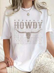100% Cotton T-Shirt With Retro Graffiti Print Howdy Cow Bull Skull Cowboy Cowgirl Western Country, Women's Summer White Graphic Tees, Fashionable Summer Cotton T-Shirt - 白色 - 查看 1