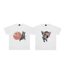 [Bestseller]Camiseta de manga corta con estampado de gato divertido "Evil Kitten" para hombre y mujer, corte holgado con hombros caídos, Sorona - Negro - Ver 2